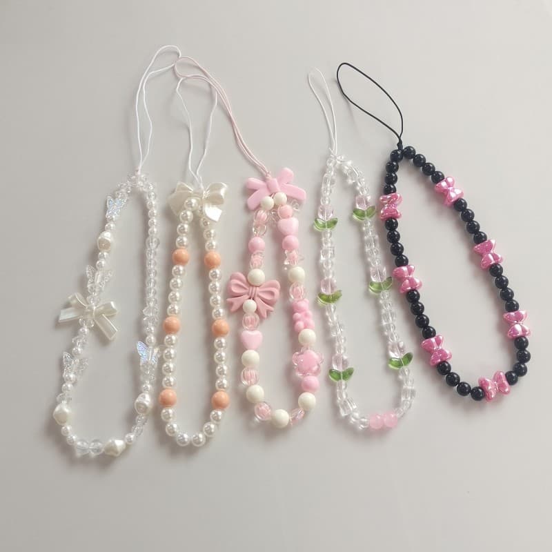 New Style Phone Strap for Women, Fresh and Sweet Beaded Chain Lanyard with Heart and Bow Decor, Phone Chain Accessory Bag Decoration