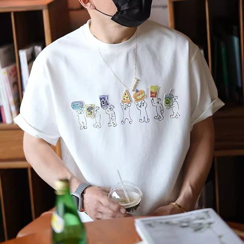 Japanese Harajuku Style Embroidered Loose Slimming Short-Sleeve Shirt for Men and Women, Plus Size Couple Casual Top Trendy