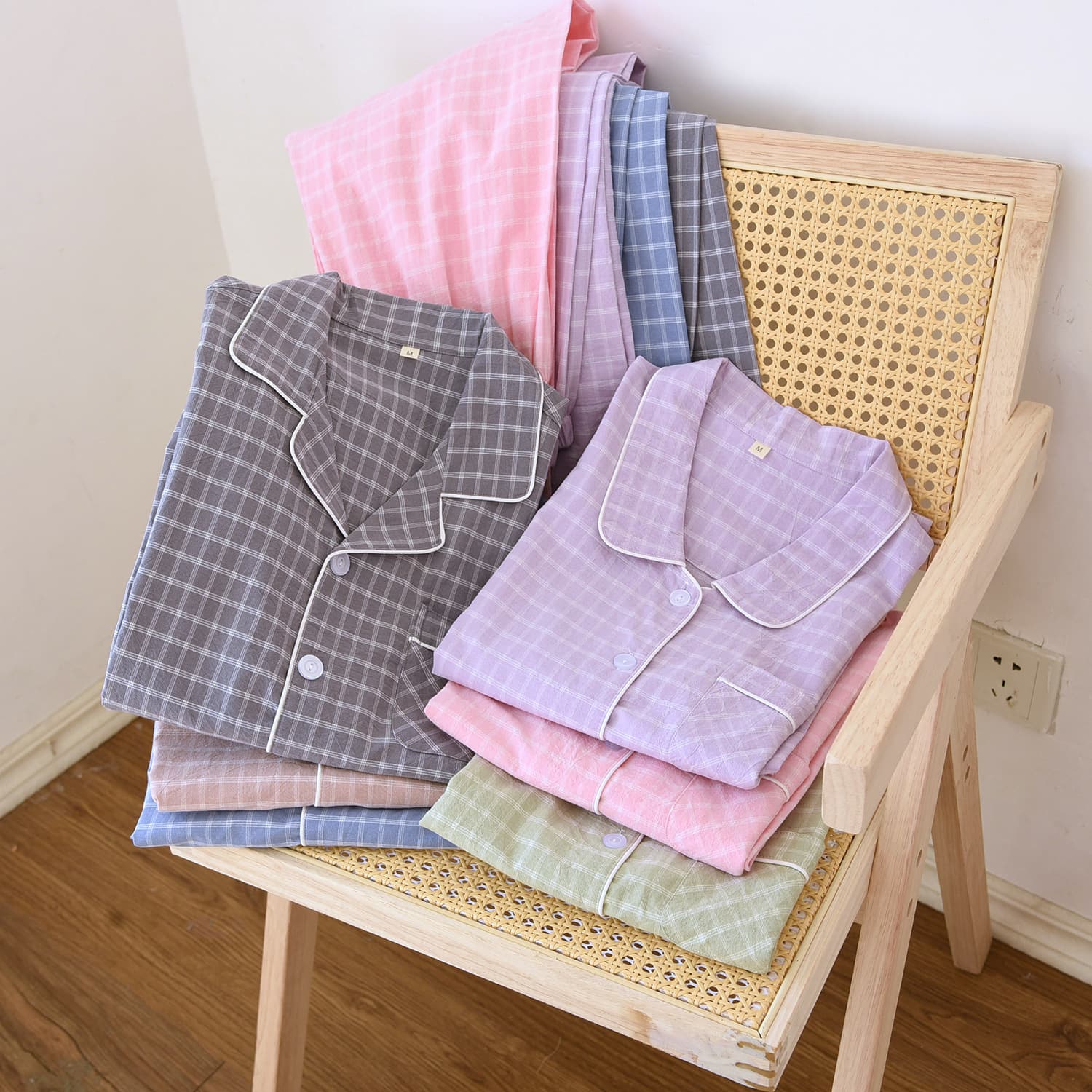 Pure Cotton Thin Long Sleeve Sleepwear for Couples Home Leisure Comfortable Grid Pattern Summer Autumn Winter Spring Seasonal Wear