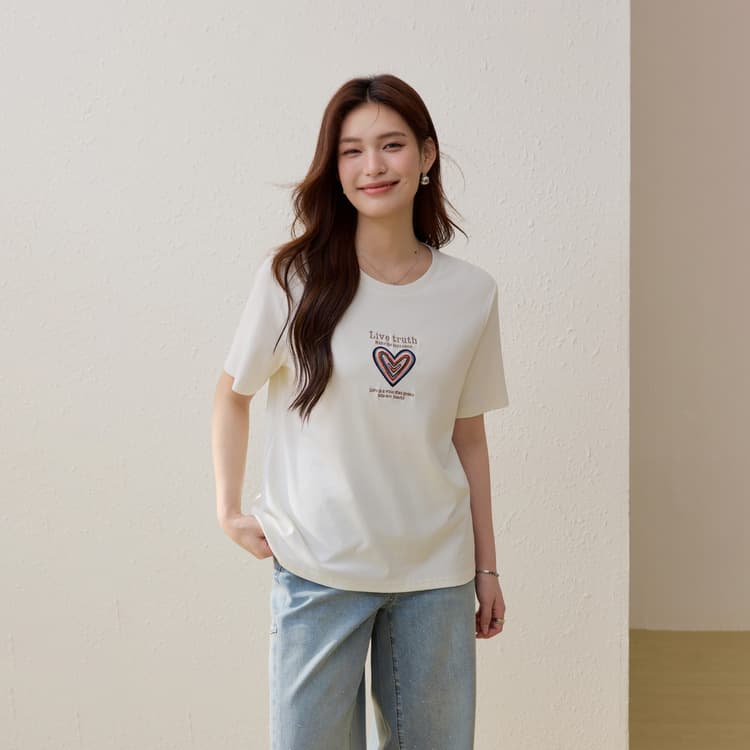 [Age-reducing love pattern T-shirt] Xianlixiu plus size women's casual round neck top fat mm2026 summer new style