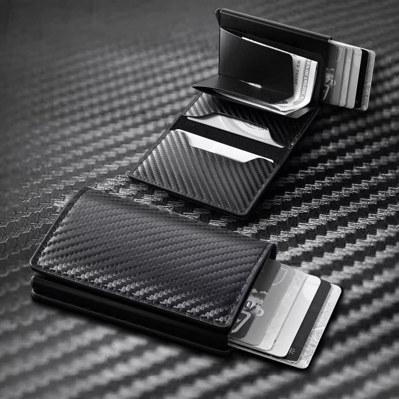 Ultra-Thin Carbon Fiber Aluminum Alloy Automatic Men's Wallet Card Holder PU Leather Lightweight Anti-Theft Daily Use