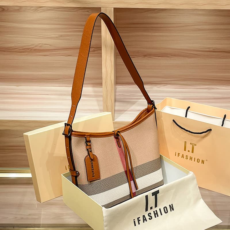 Casual Chic Bucket Bag Patchwork High-end Plaid Underarm Shoulder Bag Oxford Cloth Large Checkered Pattern Soft Canvas Lining