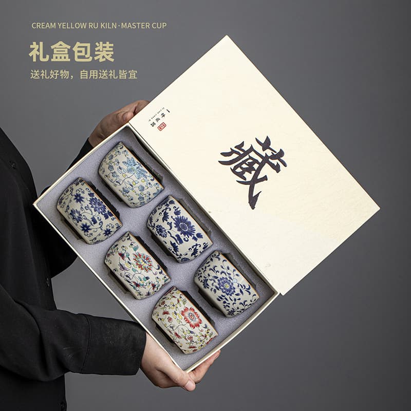Beige Ru kiln blue and white lotus can be opened piece ceramic master cup home gift box tea cup high-end personal Ru porcelain