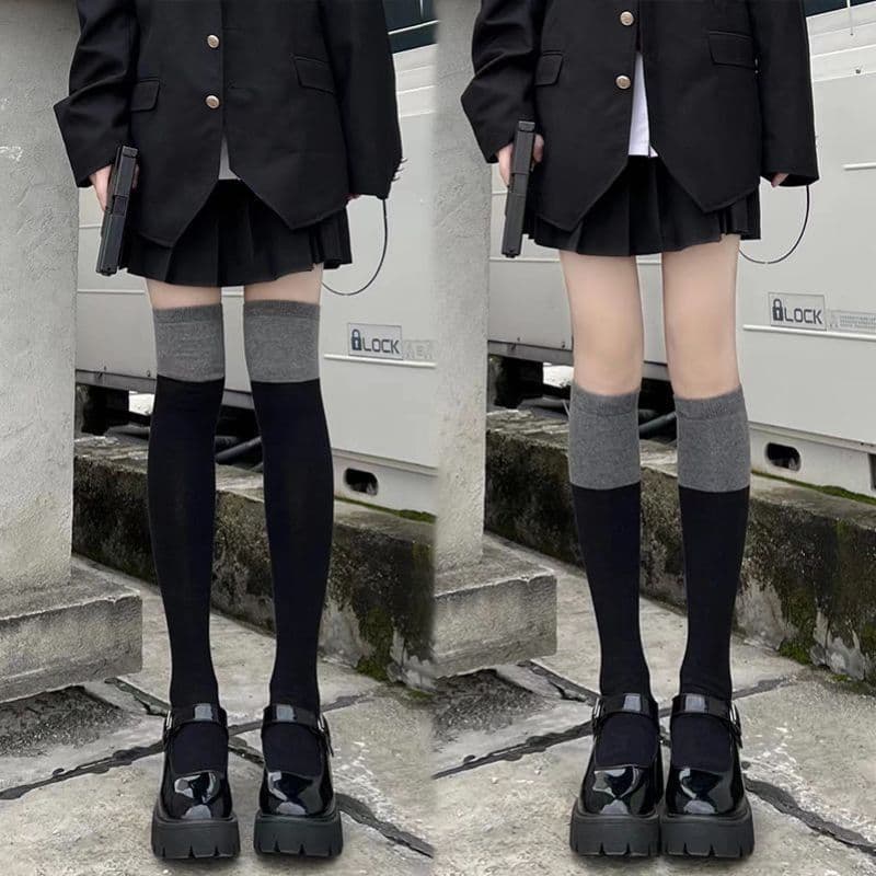 Black and Gray Two-Tone Mid-Calf Socks Women Autumn Cotton Mid-Length Socks Over-Knee Socks JK School Style Slimming Socks Trendy Socks