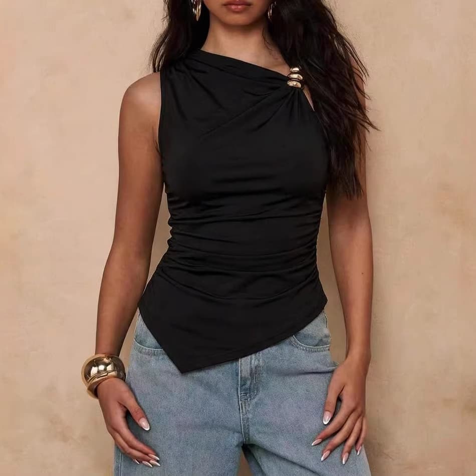 European and American cross-border Amazon 2026 metal buckle solid color irregular pleated slim fit sleeveless vest top for women