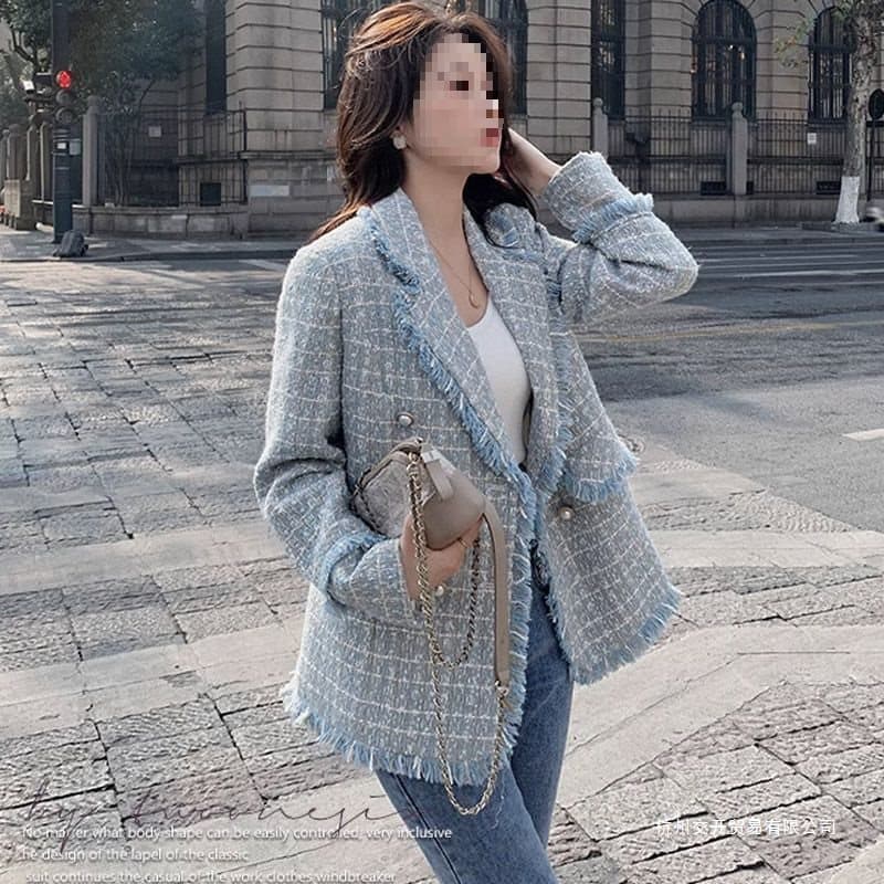 French-style Blue Lapel Tweed Blazer for Women, Autumn New Arrival, Elegant and Petite Houndstooth Suit