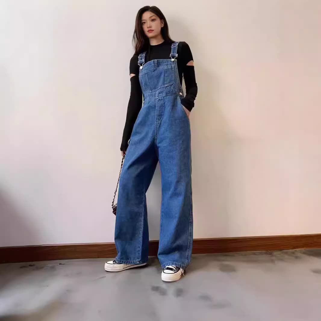 2026 New Straight-Leg Denim Overalls for Women, Korean Loose Fit, High-Waist, Versatile for Spring and Autumn, Vintage Wide-Leg Pants