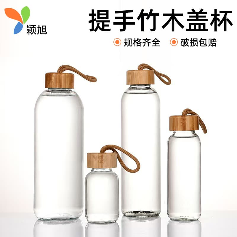 Cross-border cotton and linen rope bamboo lid glass water bottle outdoor sports portable glass bottle can be printed with logo glass cup