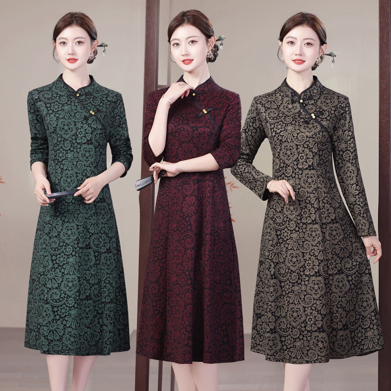 Chinese-Style Autumn Long Sleeve Cheongsam Dress Mid-Long Mother's Outfit Youthful Elegant Slimming Knee-Length Retro Dress Women