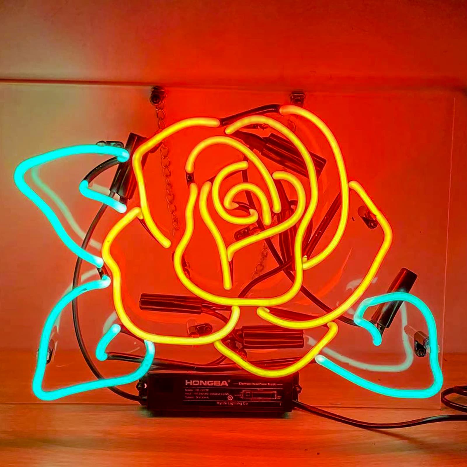 Rose glass neon light for home decor, red and green cross-border e-commerce retro neon tube.