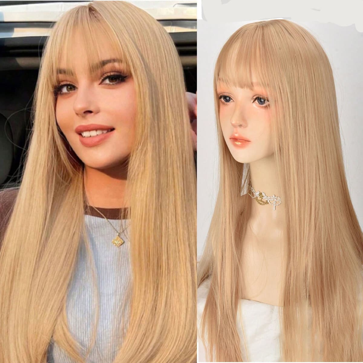 Natural Looking Long Straight Hair Women's Wig JK Airy Bangs Full Head Cover Fashionable Spicy Girl Golden Color Everyday Wear