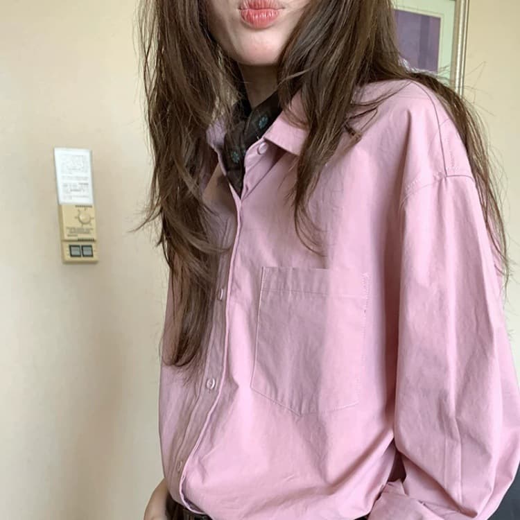 RAINY Classic Solid Basic Long Sleeve Shirt for Women Spring Autumn Turn-down Collar Pink New Versatile Artistic Blouse Top