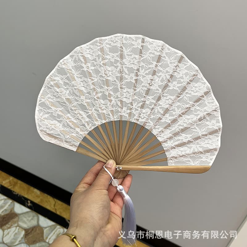 Vintage Ladies Shell Fan Large Folding Fan Gift Fan Double-Layer White Lace Ancient Style Fan Bamboo