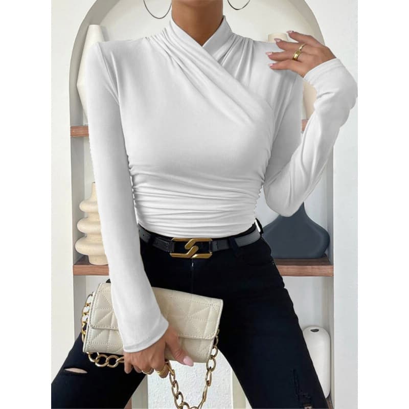 Cross-border EU/US AliExpress Autumn/Winter Amazon New Autumn/Winter Design Cross Neck Slim Fit Versatile Ruched T-Shirt