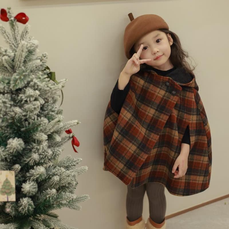 Girl's Plaid Cape Double-Sided Wool Coat Fashionable Baby Girl's Cloak Warm Winter Wool Coat 77330