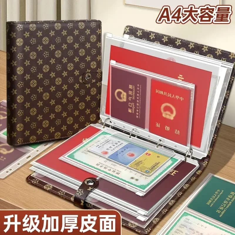 Thick Leather Family Document Organizer A4 Refillable Card Holder for Birth Certificate, Household Register, Vaccination Record, and Document Folder