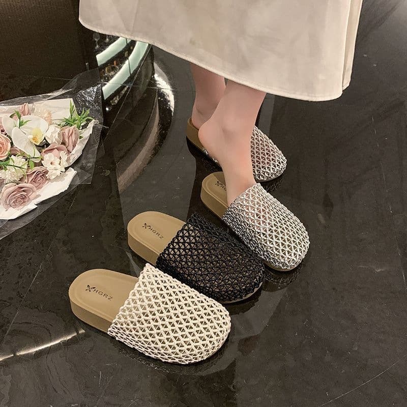Mesh Woven Closed-Toe Half Slippers for Women Summer 2026 New Style Fishnet Shoes Breathable Sandals Thick Sole Birkenstock Sandals