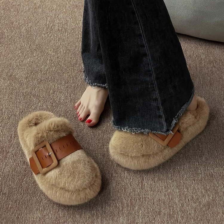 Women's Thick Bottom Fur Slippers Indoor Outdoor Wear Autumn Winter Half Slippers Round Toe Korean Style Cotton Shoes