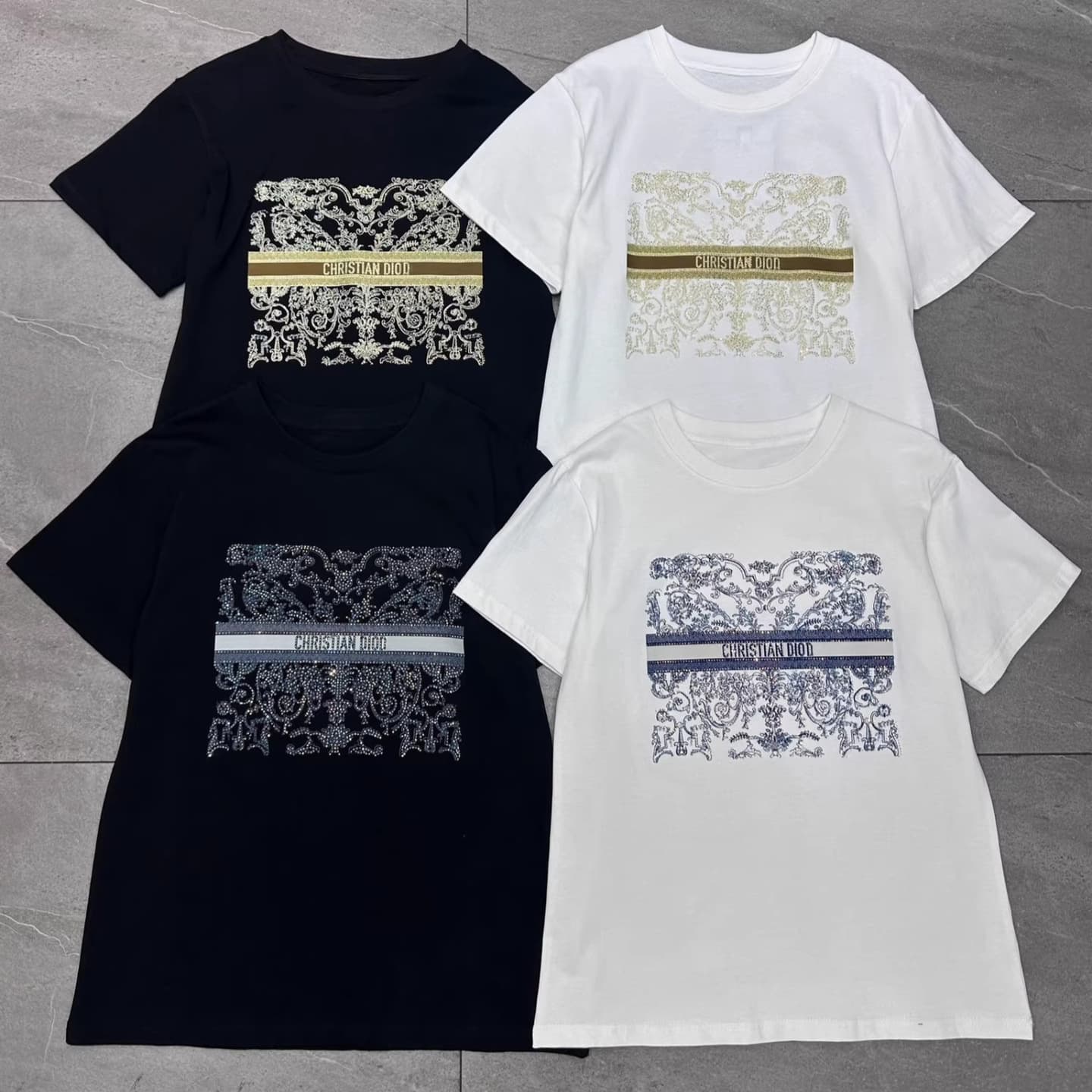 Cd "Shenzhen Nanyou" Vine Print Rhinestone Cotton Short-Sleeve T-Shirt Top, Age-Reducing Versatile Spring-Summer Cross-Border