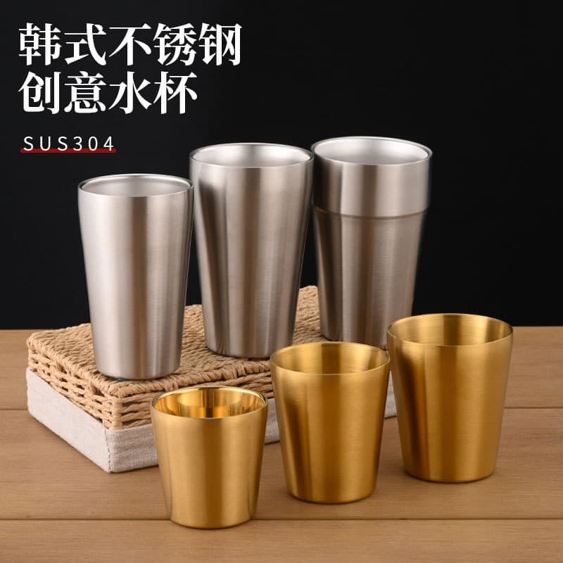 Direct Supply Korean-style 304 Stainless Steel Water Cup, Double-layer Insulated Tea Cup for Restaurants, Golden Beer Mug for BBQ Shops