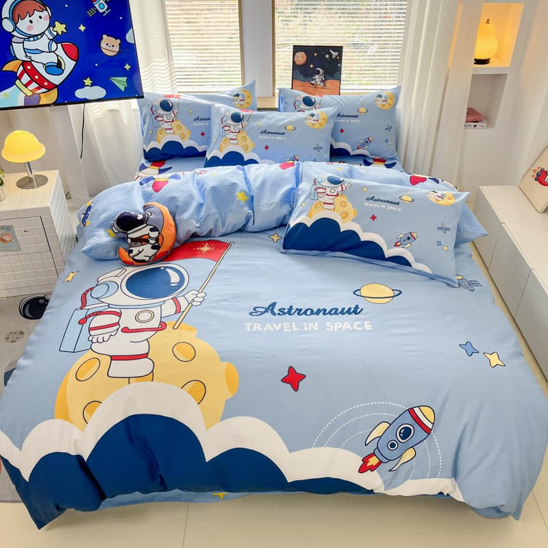 Kids Cartoon Skin-Friendly 100% Cotton 4-Piece Bedding Set Astronaut Theme, 100% Cotton Boys Girls Student Fitted Sheet Duvet Cover 3-Piece Set