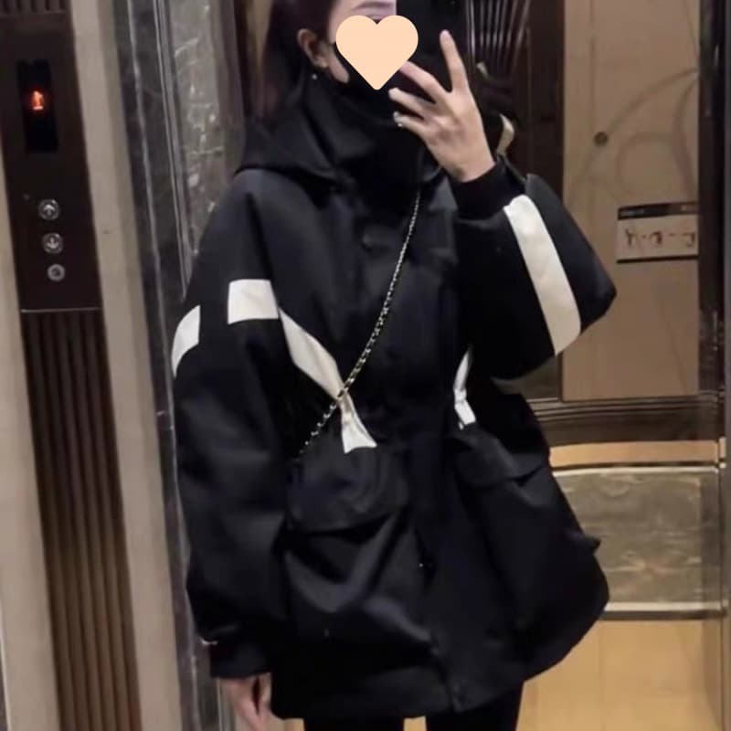 Black Hooded Cotton Jacket Women's Autumn Winter 2024 New Slim Fit Mid-Length Cotton Coat