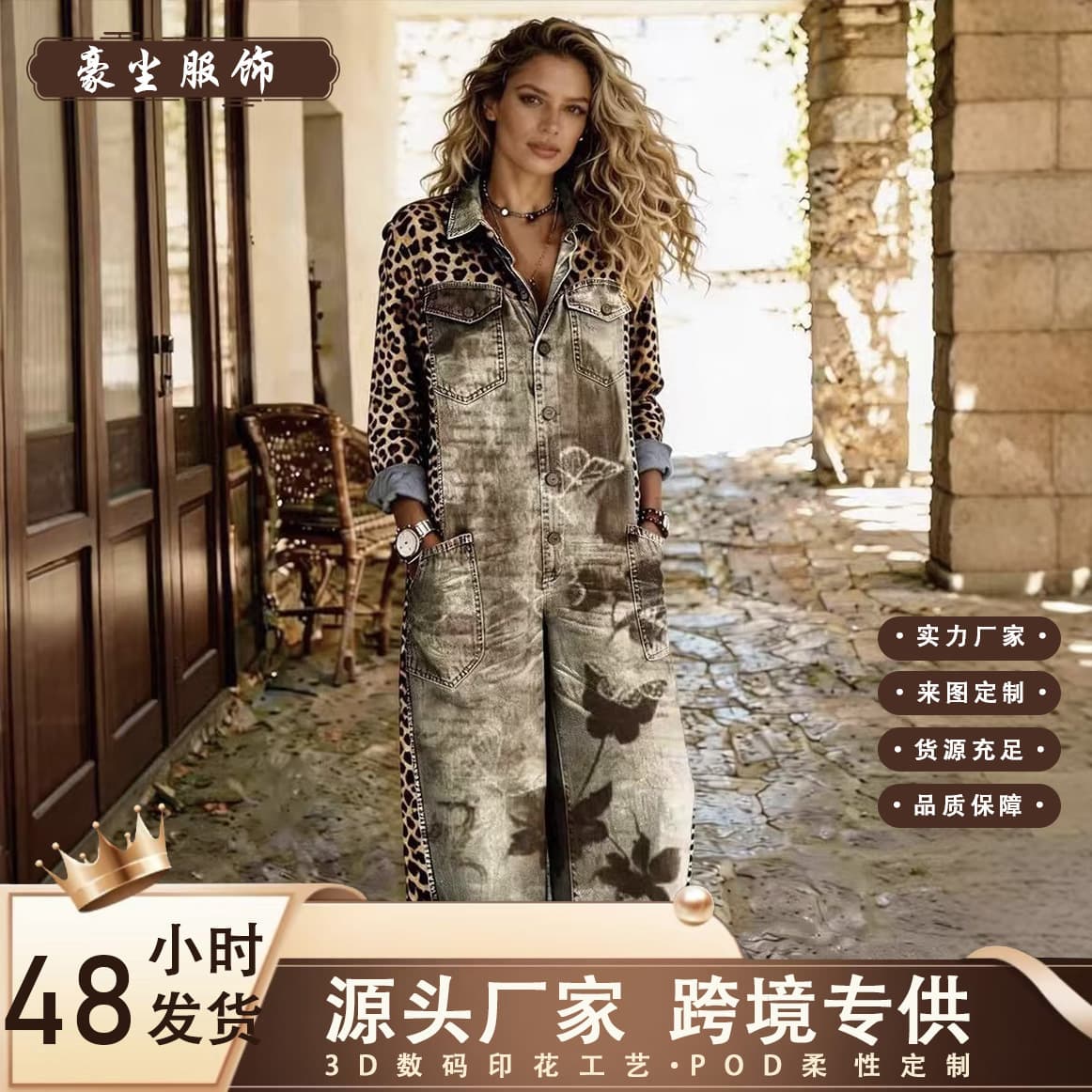 2026 Best-Selling New Women's Fashion Printed Long-Sleeve Lapel Overalls for Cross-Border E-Commerce & Amazon