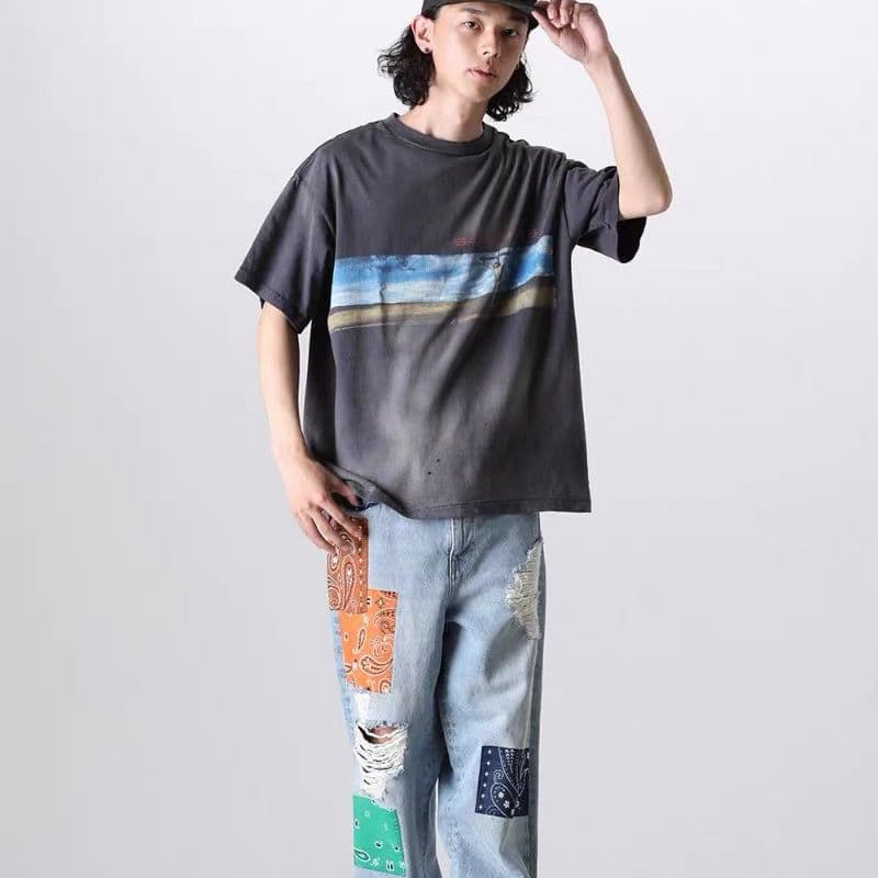 S-aint Michael collaboration American High Street Vintage washed, distressed, loose short-sleeve T-shirt