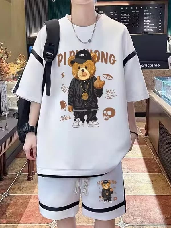 Youth Short Sleeve T-Shirt for Boys Summer Waffle Knit Set Casual Sportswear Fashionable Matching Stylish Two-Piece Set