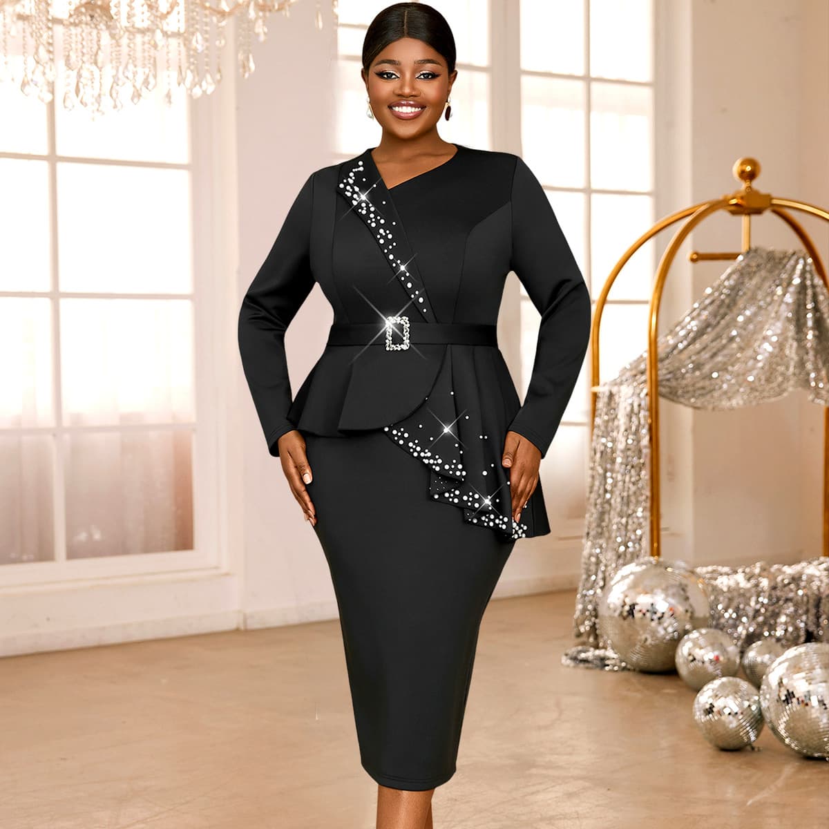 Plus Size Women's Ruffle Beaded Dress, Ruffle Black Slimming Conceal Belly Style, Plus Size Graduation Dress for Women