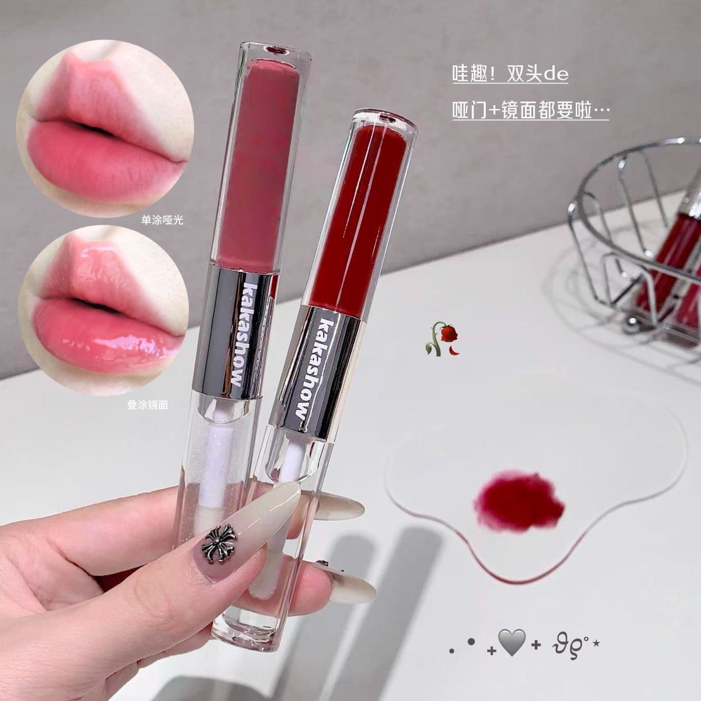Kakashow Pink Effect Double-Ended Lip Gloss, Mirror Lip Oil, Velvet Matte Lip Color, Water Gloss Lipstick, Glassy Pout Lip C588