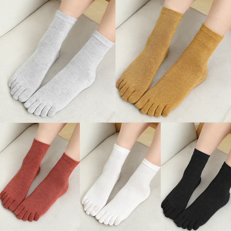 Women's Solid Color Cotton Sweat-Absorbent Five-Toe Socks, Mid-Calf Breathable Sports Korean Style Toe Socks, Autumn/Winter