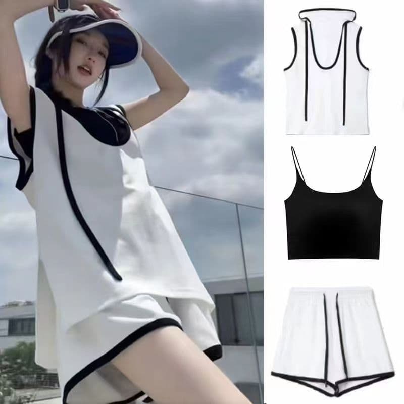 Women's Fashion Casual Sportswear Three-Piece Set: Loose Sleeveless Hoodie Tank Top and Shorts for Summer