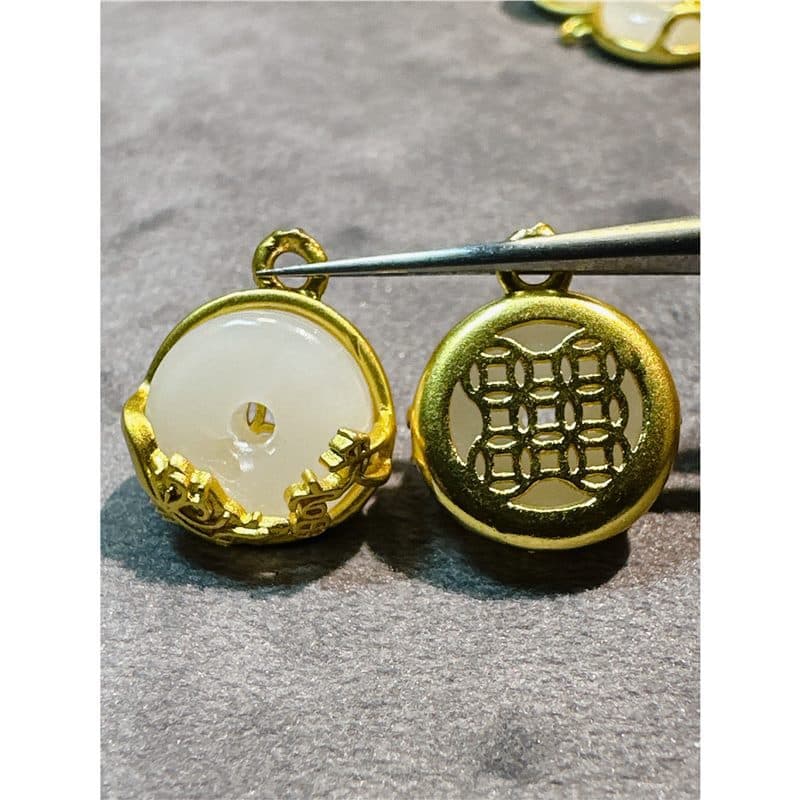 12mm New Chinese Style Gold Inlaid Jade Safety Buckle Pendant for Cheongsam, Hanfu, Silk Vest, Ancient Costume, Song Brocade Accessories