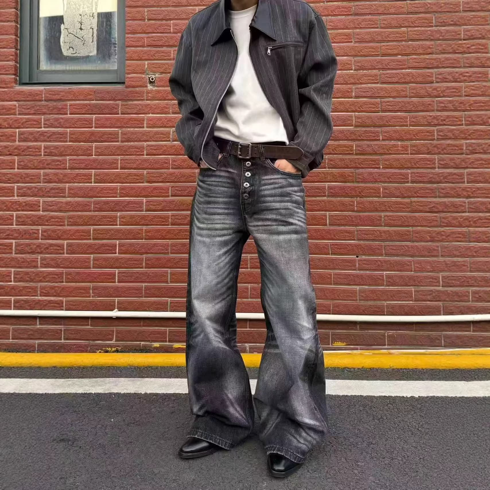 American Original High Street Vintage Casual Jeans for Men and Women, Clean Fit, Loose Wide Leg, Draped Long Pants