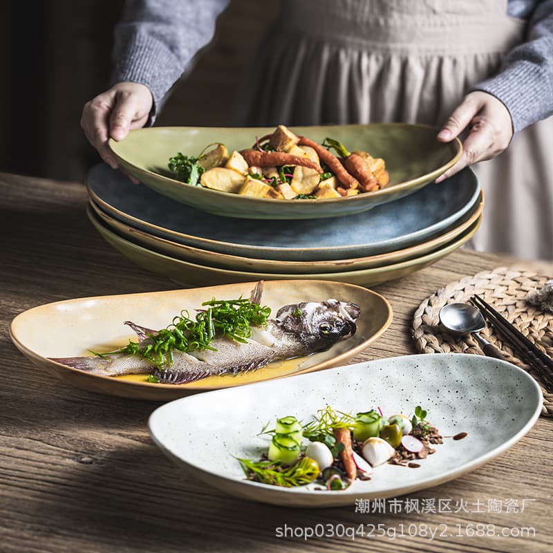 Oval Japanese-style coarse pottery plate, premium tableware, oval sashimi plate, household fish plate, BBQ plate, commercial serving plate