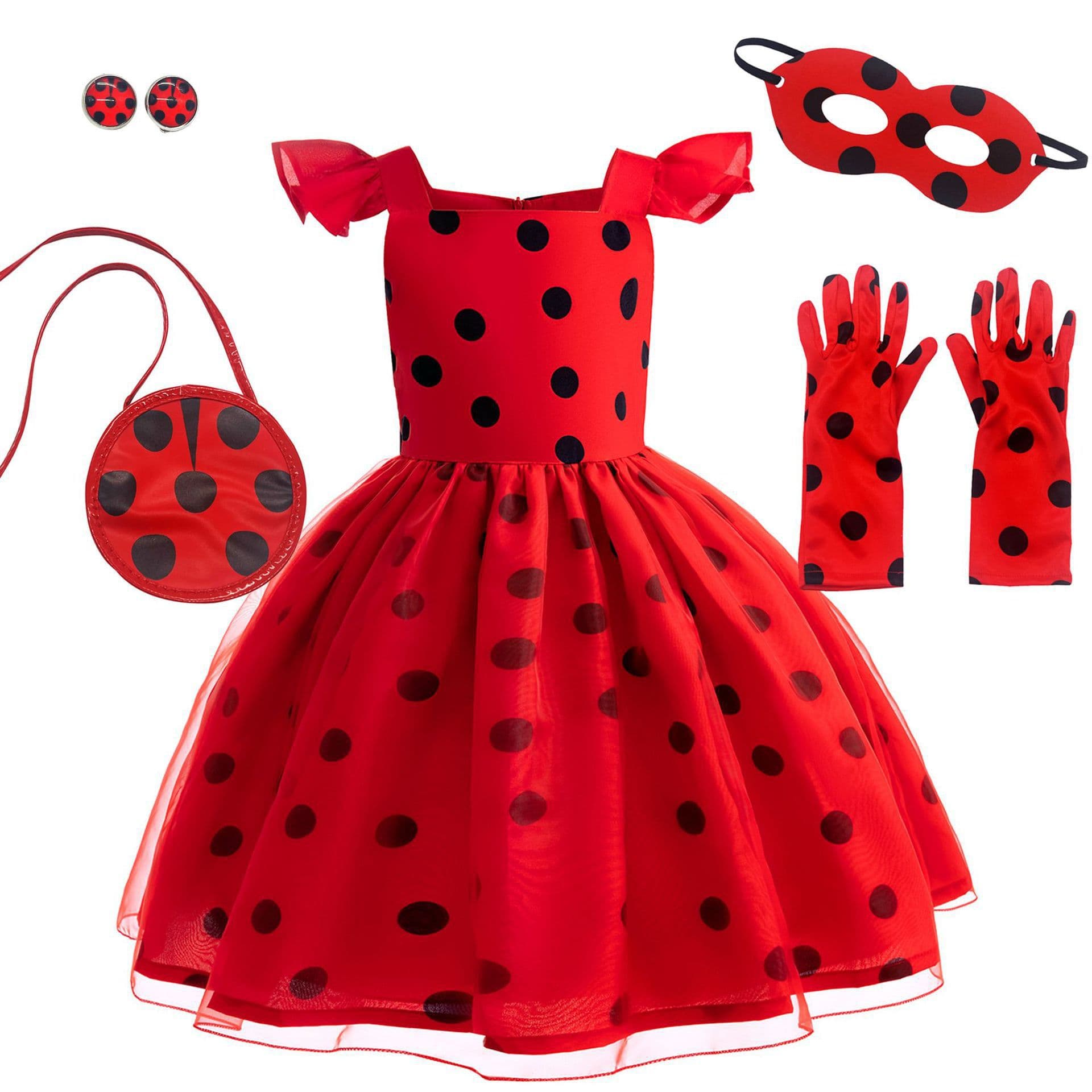 New Children's COS Ladybug Polka Dot Flutter Sleeve Dress Kids Waist Princess Dress Performance Costume RA18
