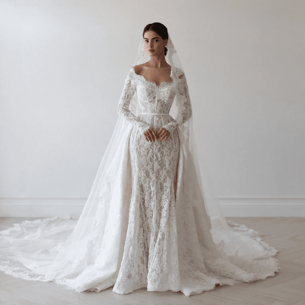 One-shoulder Long Sleeve Lace Mermaid Wedding Dress Heavy Beaded Boning Waist Detachable Train Bride Main Dress Banquet Gown