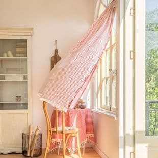 Qixin Curtain, Red Plaid Printed Curtain, Ready-Made Small Fresh Semi-Blackout Short Curtain, Door Curtain, Factory Direct Supply