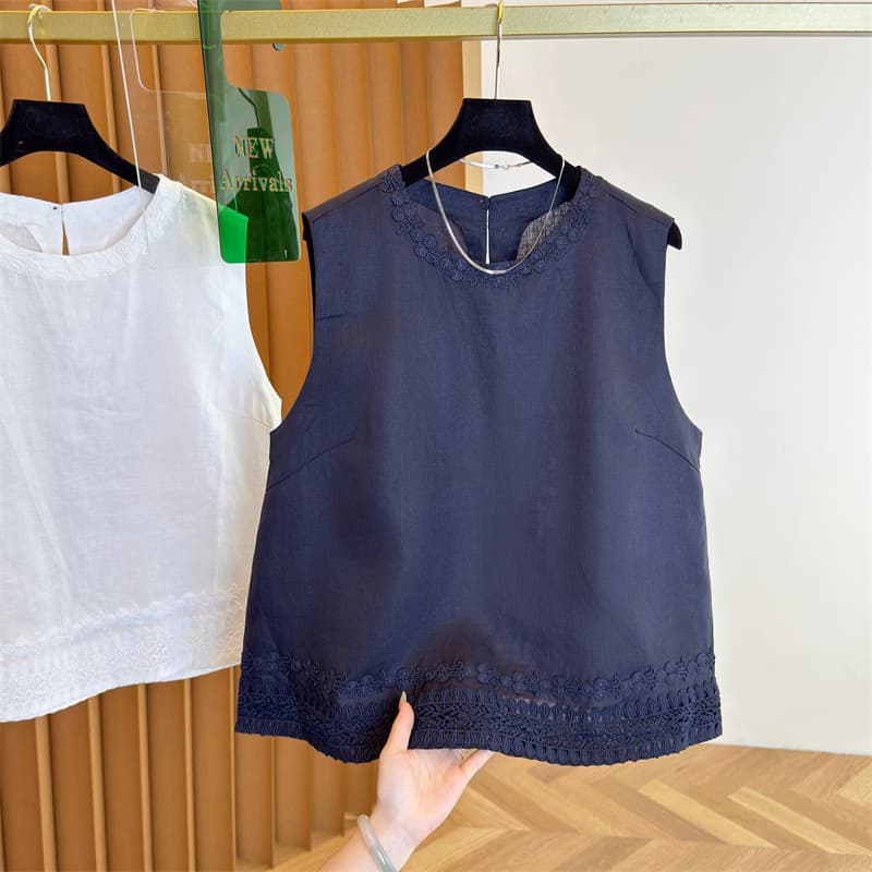 2025 Summer Round Neck Sleeveless Loose Linen Top Women's Heavy Embroidery Street Style 3D Tailoring