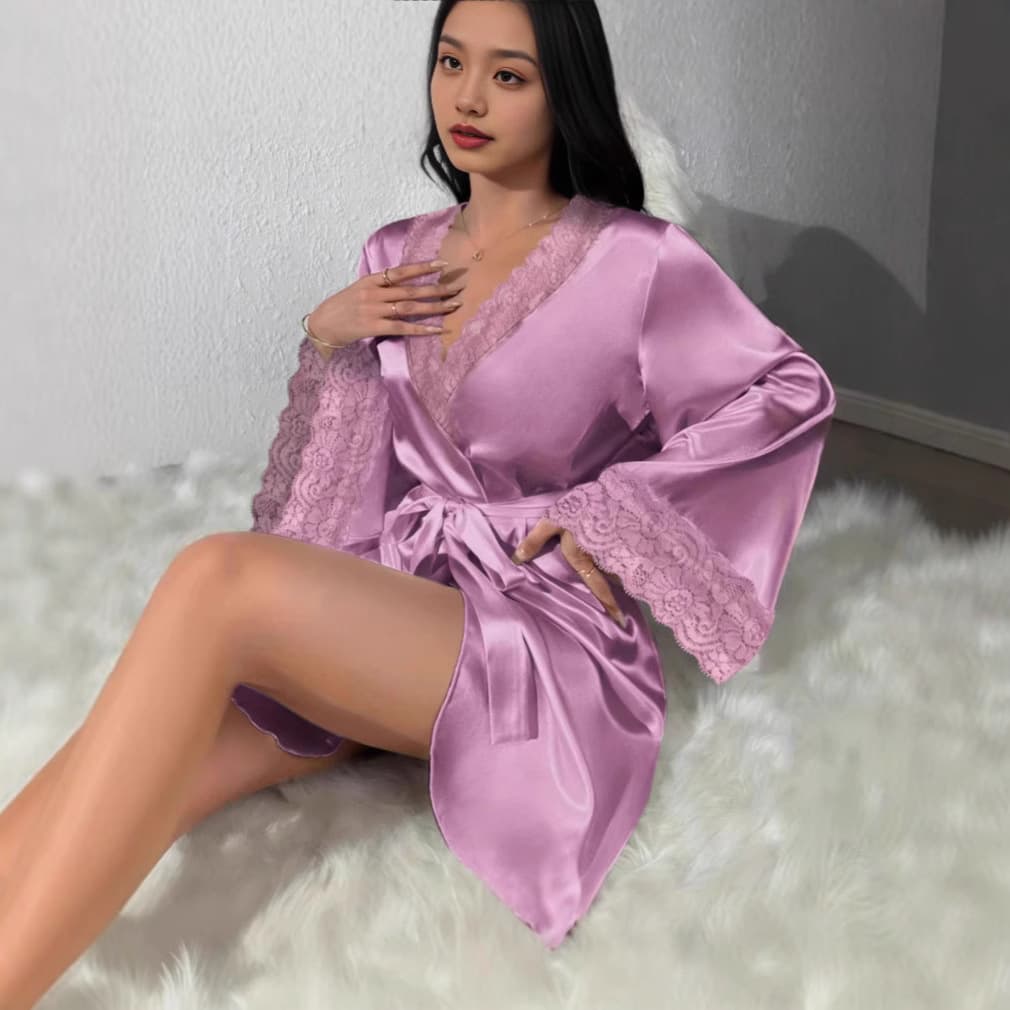 Cross-border Wholesale Cross-border European and American Four Seasons Simulated Silk Lace Trim Pajamas Robe Plus Size Women Loose Homewear