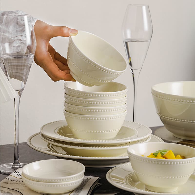 French embossed bead dot tableware household dishes set high-value ceramic bowls and plates complete set of underglaze color plates dinner plates
