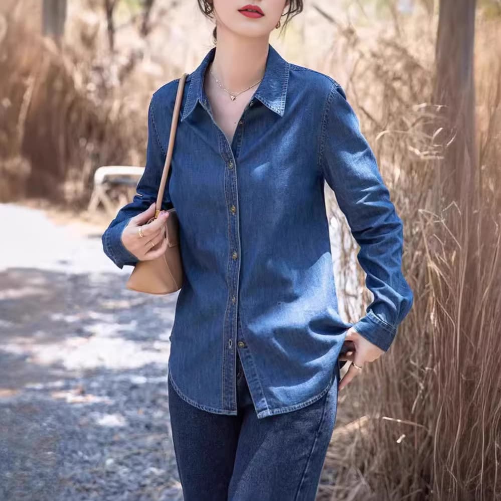 [Han Niu] Blue soft denim shirt for women, slim fit, long-sleeved shirt, jacket, loose version, right shoulder top for women
