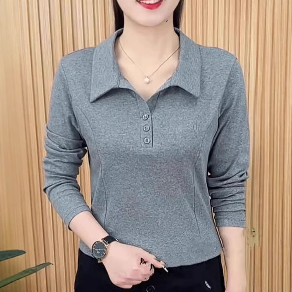 2025 Spring/Autumn New Fashionable Solid Color Lapel Long-Sleeve T-Shirt Women Embroidered Slimming Base Layer Top