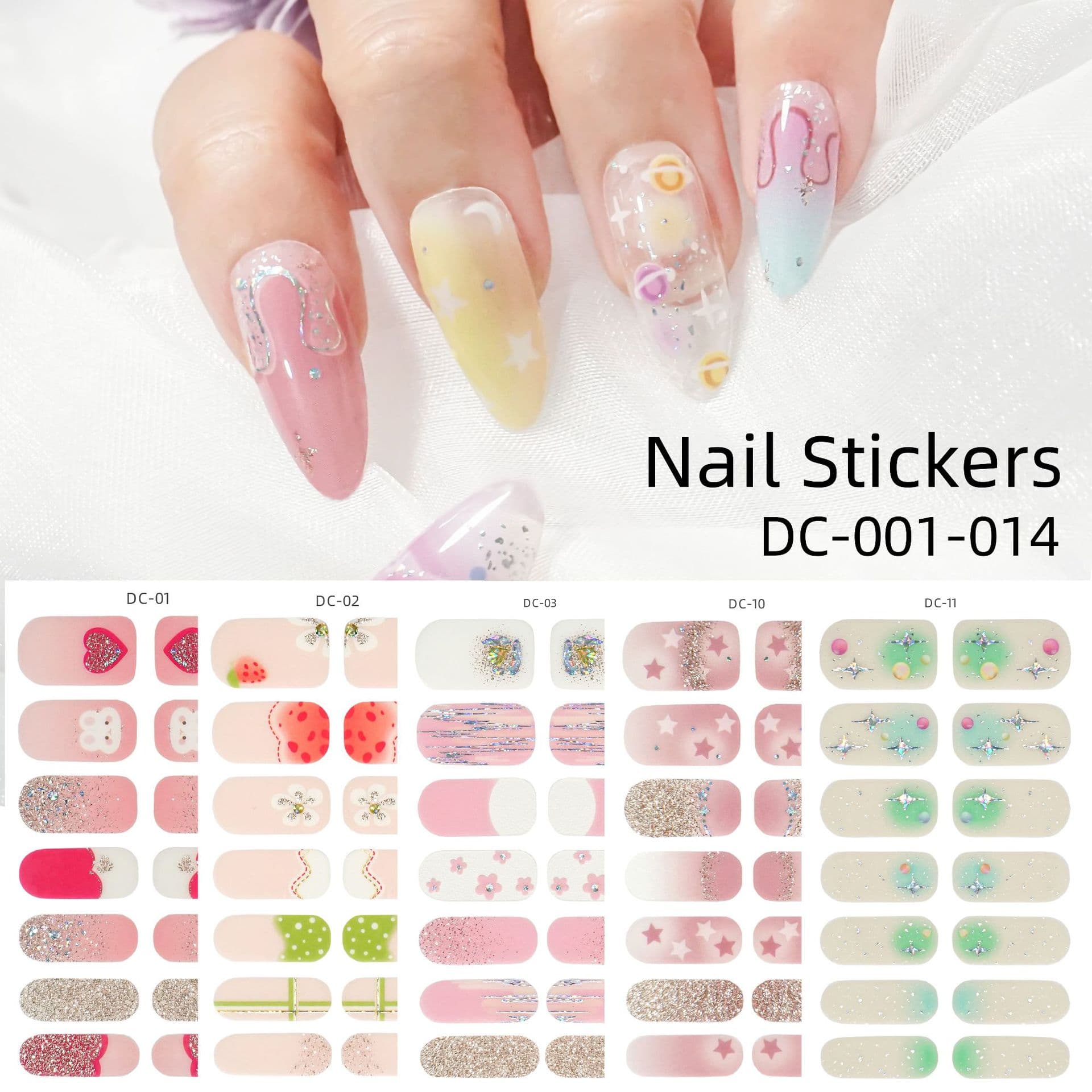 New Cross-Border Gel Nail Stickers, No UV Lamp Needed, Waterproof, Long-Lasting 3D Nail Art Stickers, Full Cover with Stars and Hearts