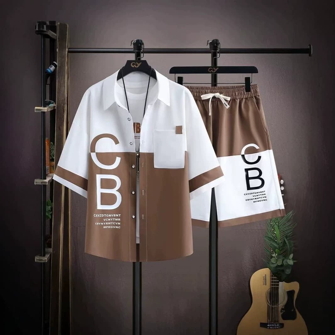 Ice silk short-sleeved shirt men's suit summer thin color-blocked half-sleeved shirt loose shorts quick-drying set