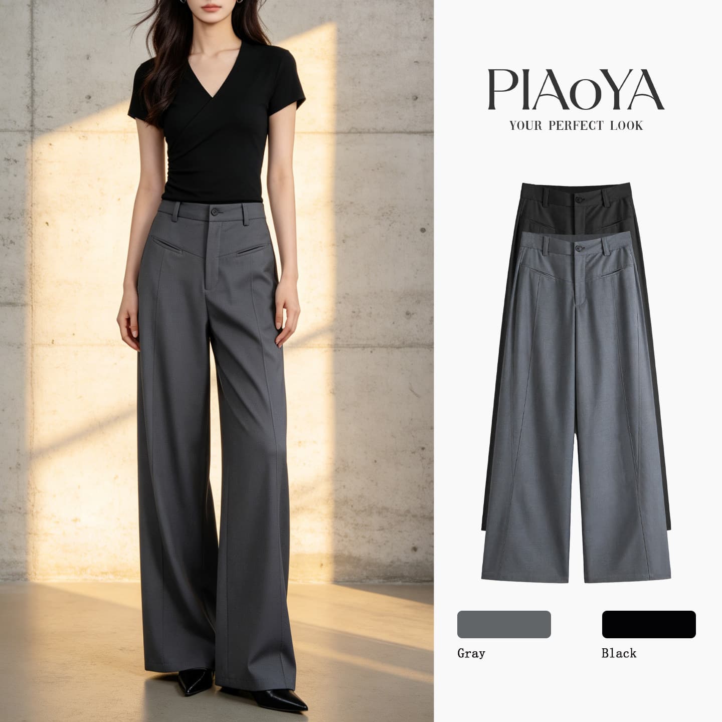 Gray High-Waist Wide-Leg Trousers for Women Summer Draped Slimming Commute Casual Pants Petite Loose Straight-Leg Long Pants
