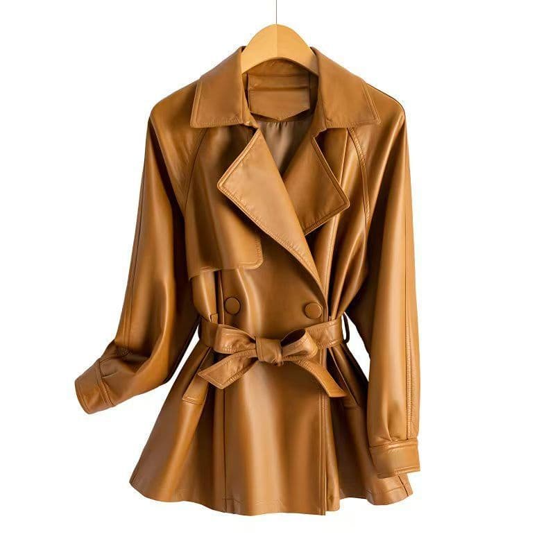 2025 Spring New Korean Style Plus Size Loose Short Trench Coat for Women, Slim Fit Leather Jacket, Ladies Leather Outerwear 1912