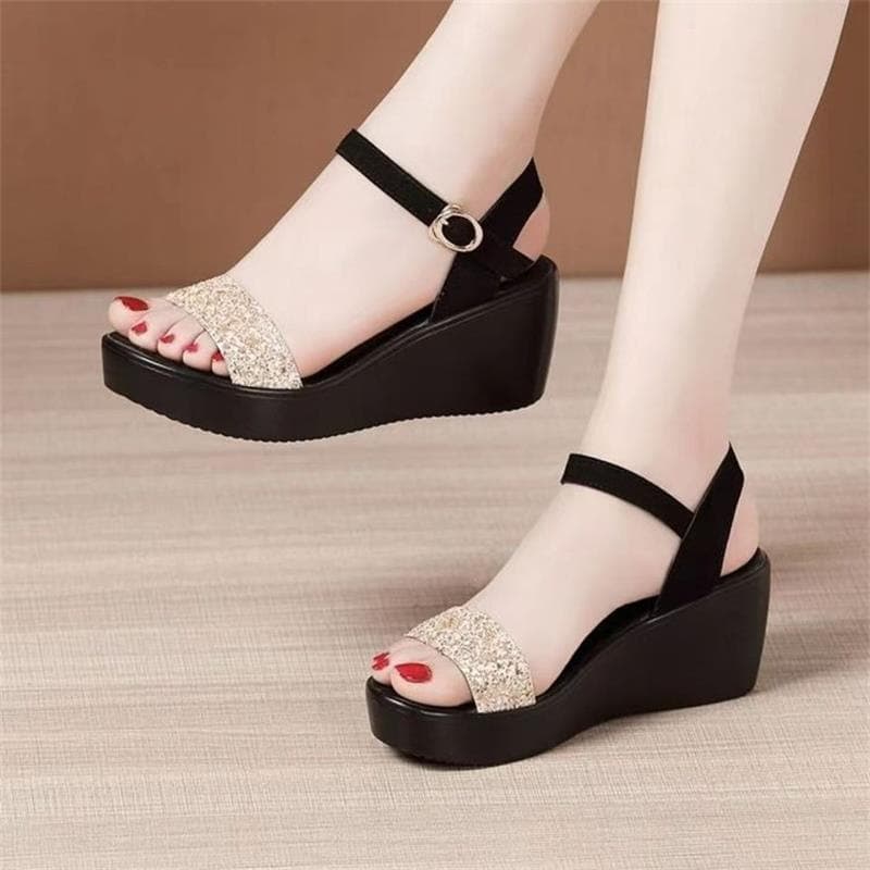 Summer New One-Strap Sandals for Women Fashion Thick Platform Wedge Heel Sandals Shiny Non-Slip High Heel Women's Shoes