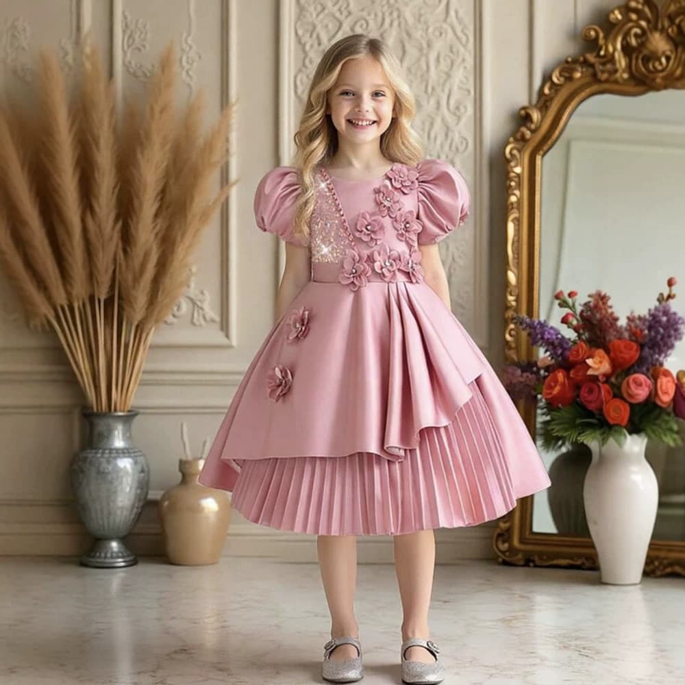 New Girl's Dress High-Grade Satin Princess Dress 10-Year-Old Girl Puff Sleeve Cute Dress Girl Dress